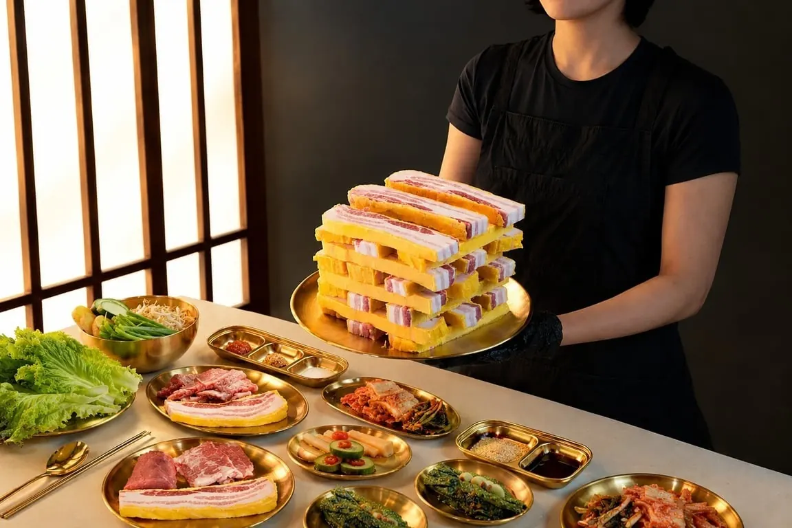 A server holds a tray of stacked butter-aged pork belly over a table of raw cuts and Korean side dishes at Bbasam.