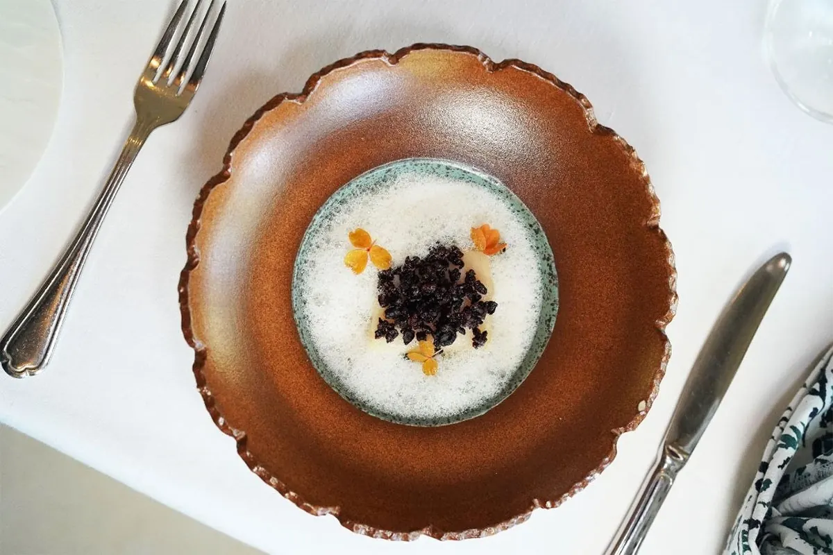 A plated dish topped with a dark crumble on white foam, in a scalloped brown ceramic bowl at Mozaic.