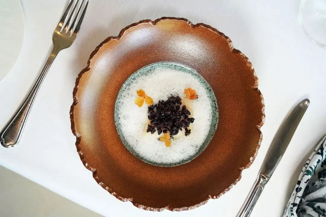 A plated dish topped with a dark crumble on white foam, in a scalloped brown ceramic bowl at Mozaic.